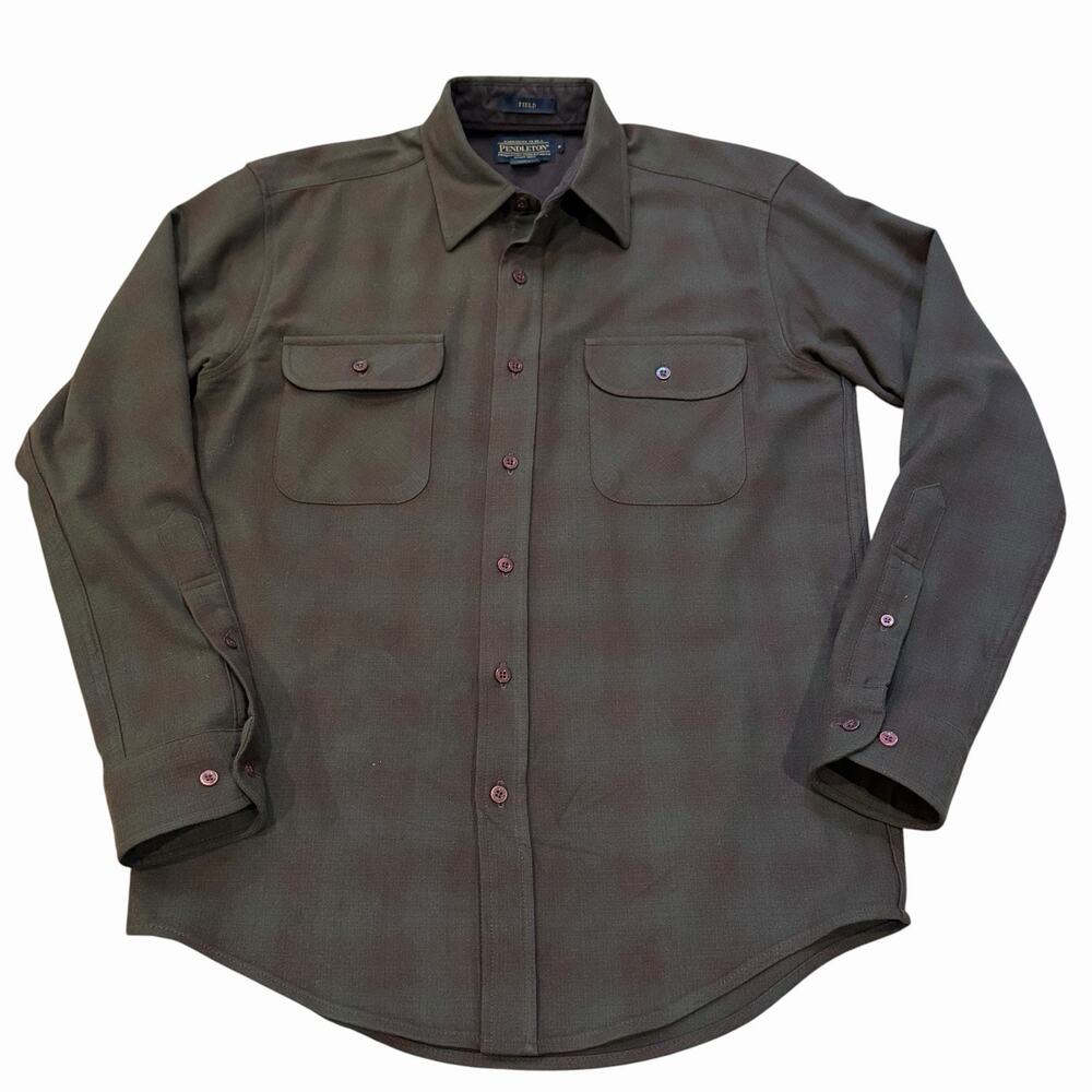 Pendleton Field Shirt Men's Olive Green Plaid Virgin Wool Small Vintage 1970s*